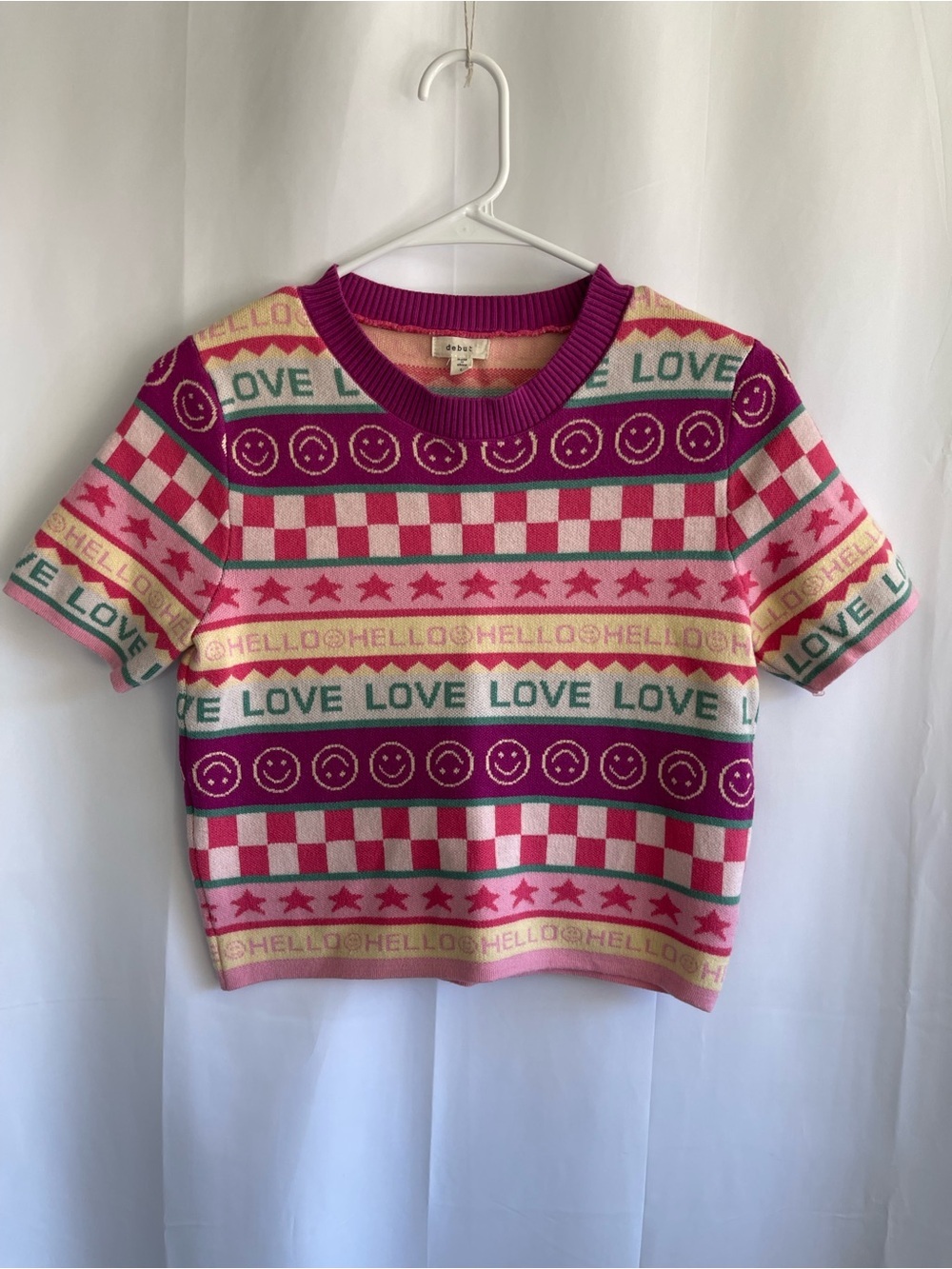 debut Pink Magenta Teal LOVE Pattern Short Sleeve Knit Top